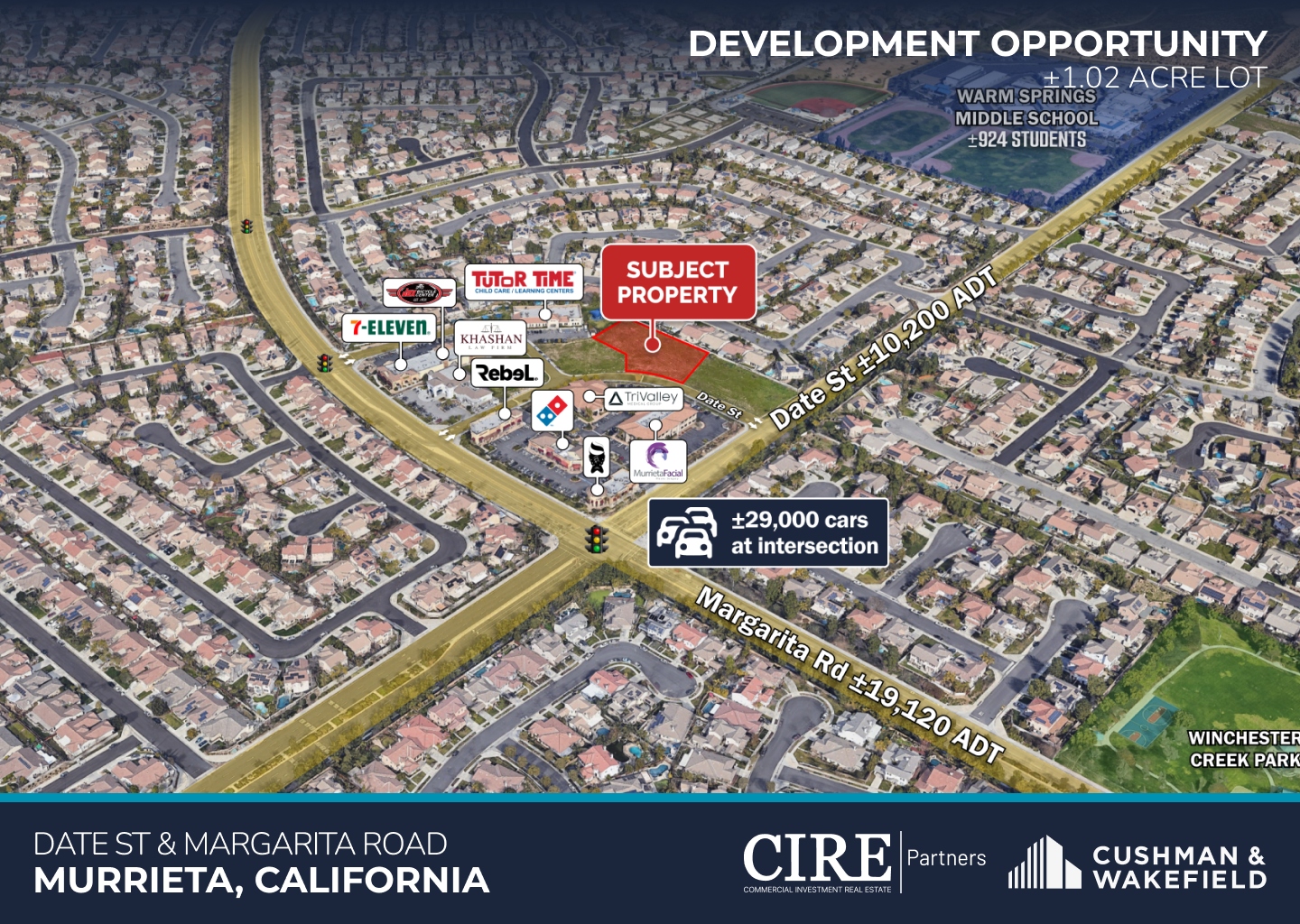 Aerial overview of the +/-1.02 acre development site at Date St and Margarita Rd, Murrieta